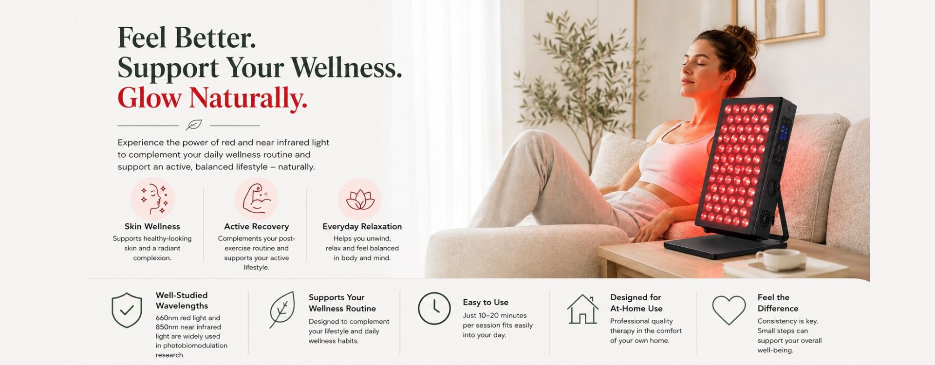 Feel Better support your wellness red light therapy panel graphic