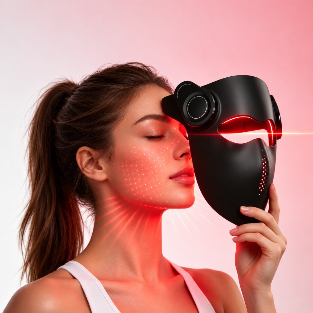 Red light therapy mask image with woman