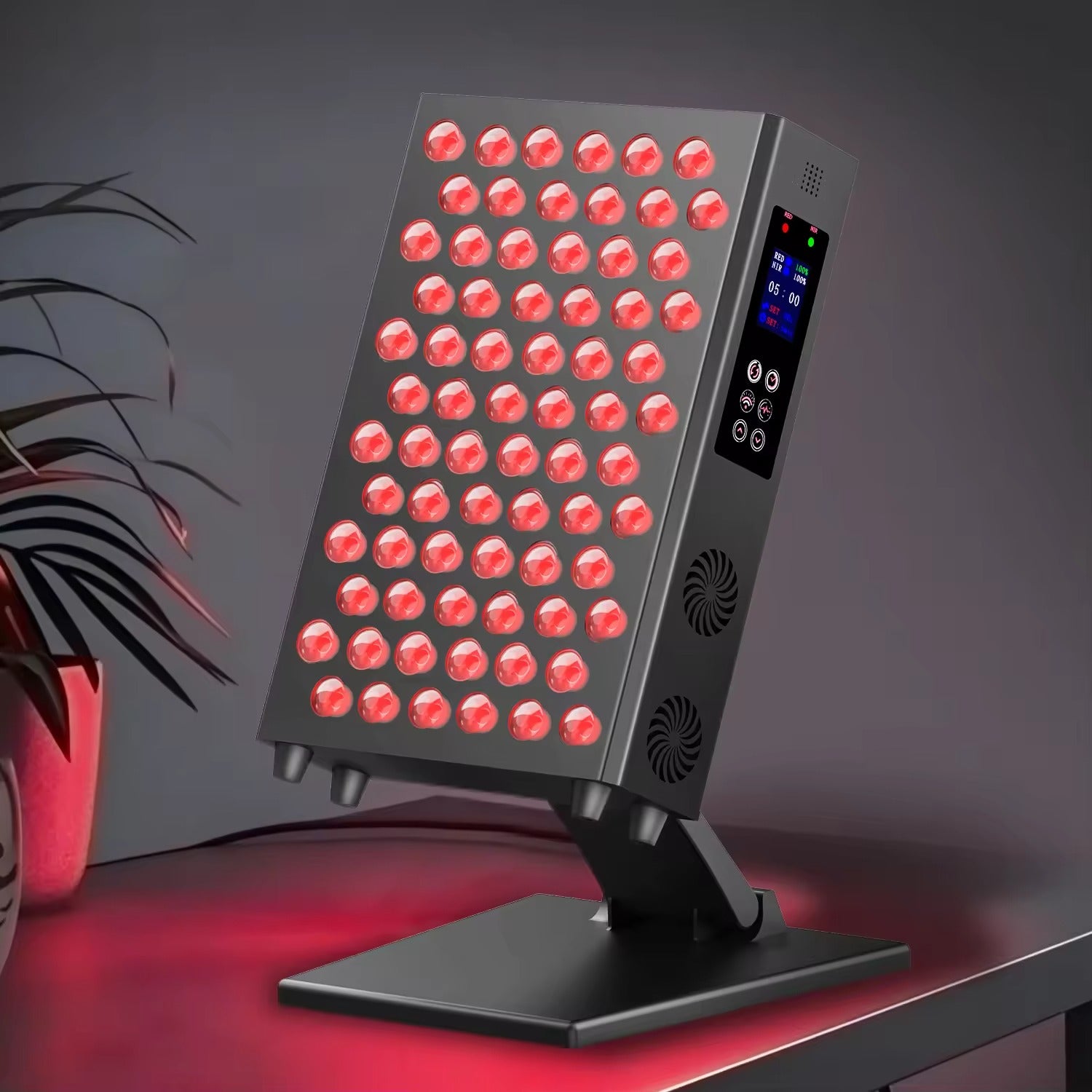 Power output: 105WLED type: High-Performance LEDsWavelengths: 660nm Red Light / 850nm Near Infrared LightTotal LEDs: 225 High-Performance LEDsIrradiance (±10%): 107 mW/cm² at 6 inches / 65 mW/cm² at 12 inches / 28 mW/cm² at 24 inchesBeam angle: 30 degreesTimer: 1–30 minutes (digital)Cooling system: Silent dual fansInput voltage: AC 100–240V, 50/60HzMaterial: Aluminium alloy housingLED lifespan: 50,000+ hoursCertifications: CE, RoHS, FCC, UKCAProduct weight: 2.6 kgProduct dimensions: 31.5 x 21.0 x 6.0 cm