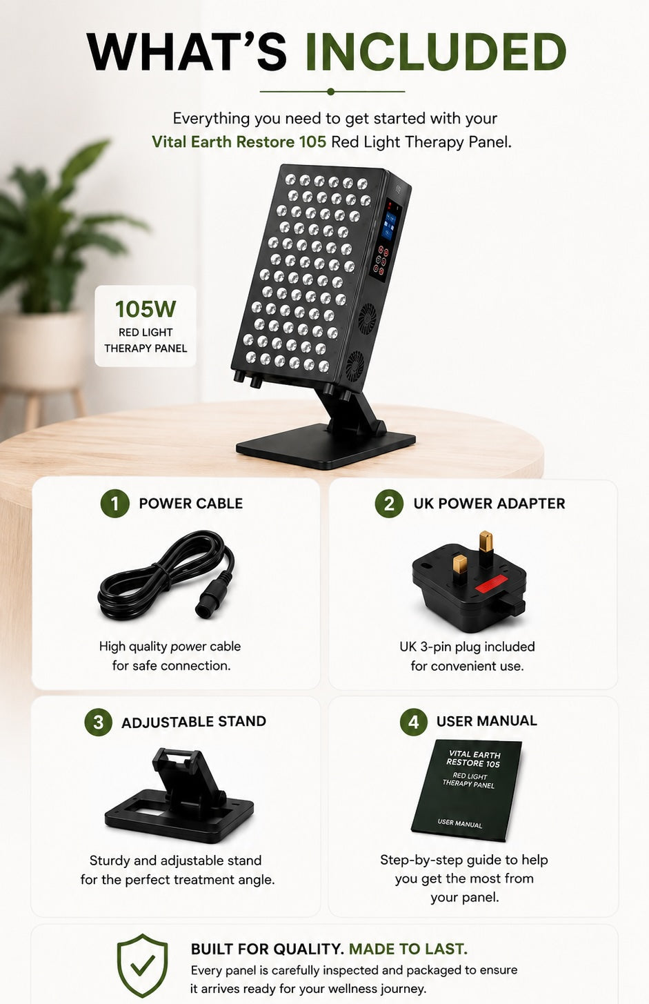 An infographic detailing the included accessories for a Vital Earth Restore 105 Red Light Therapy Panel, showing a 105W red light panel on a stand, a power cable, a UK power adapter, an adjustable stand, and a user manual, with text explaining what is included and features.