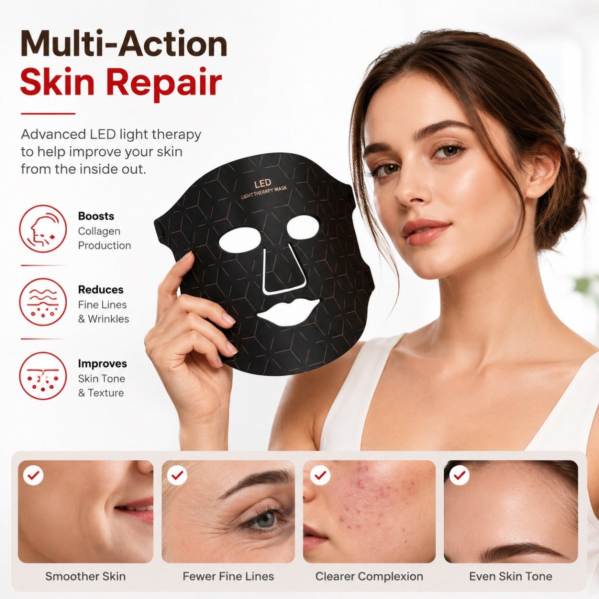 An LED light therapy face mask set shown with its black box, featuring a black mask