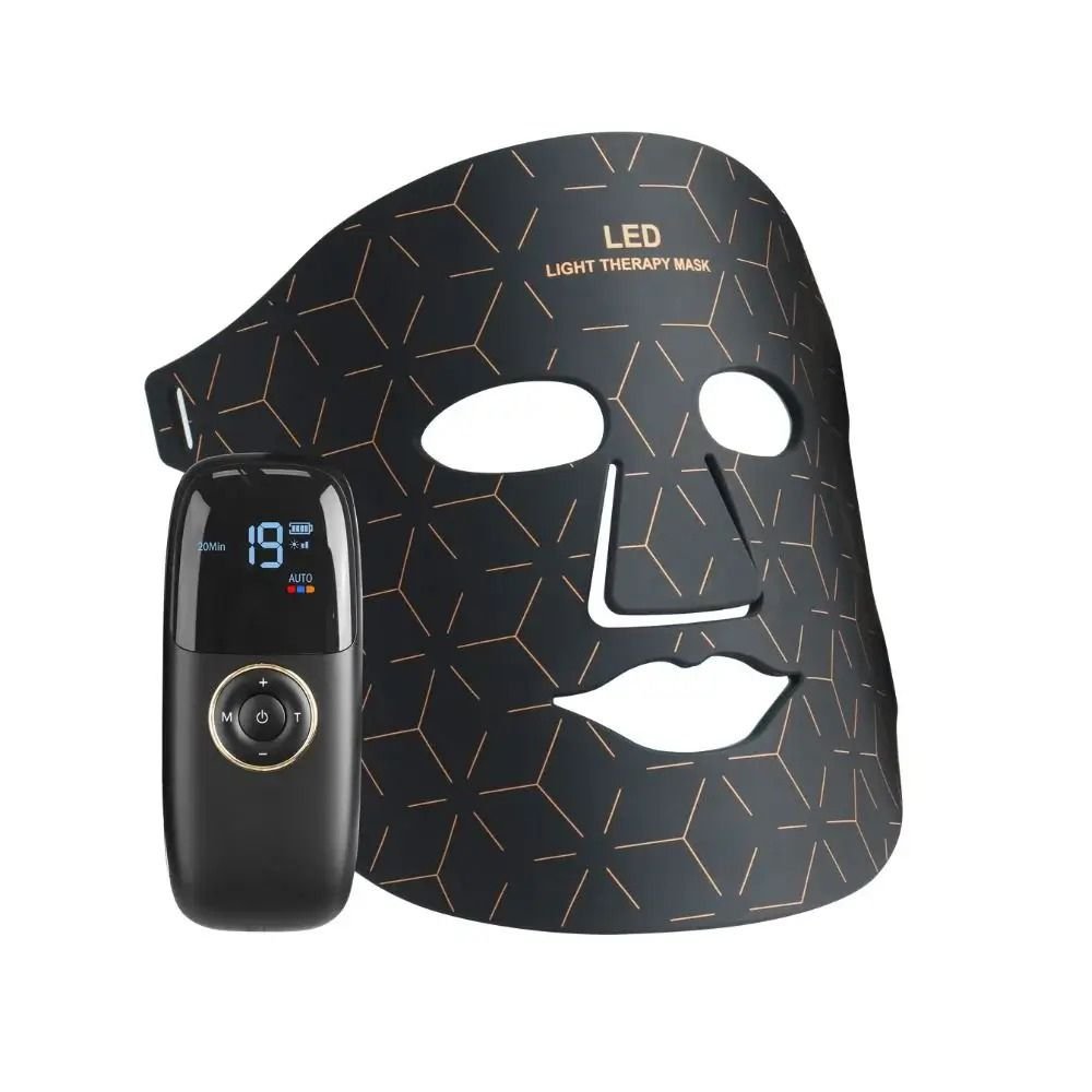 An LED light therapy face mask set shown with its black box, featuring a black mask