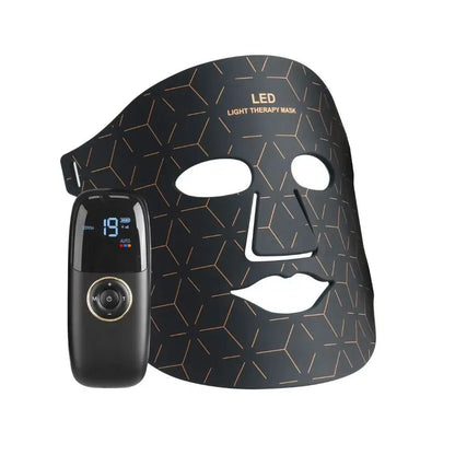 An LED light therapy face mask set shown with its black box, featuring a black mask