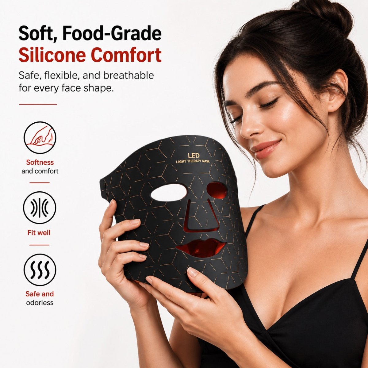 An LED light therapy face mask set shown with its black box, featuring a black mask