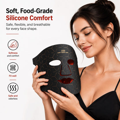 An LED light therapy face mask set shown with its black box, featuring a black mask