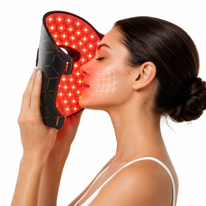 An LED light therapy face mask set shown with its black box, featuring a black mask