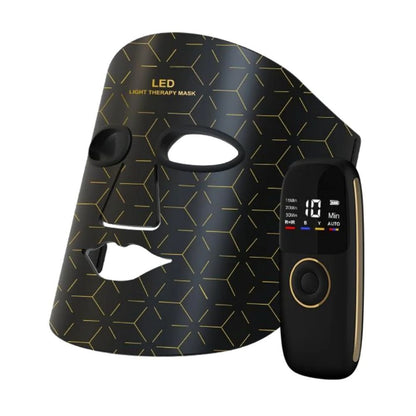 An LED light therapy face mask set shown with its black box, featuring a black mask