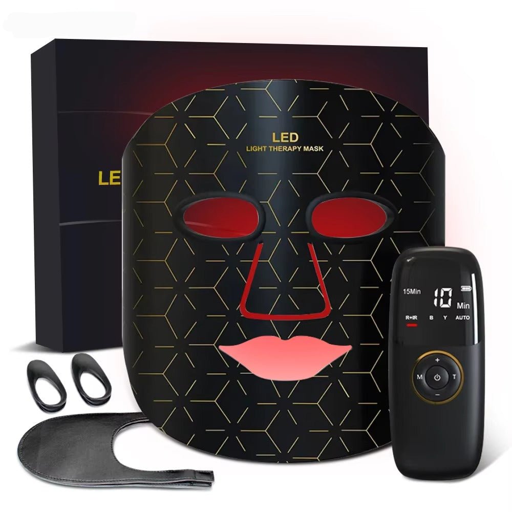 An LED light therapy face mask set shown with its black box, featuring a black mask