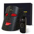 An LED light therapy face mask set shown with its black box, featuring a black mask
