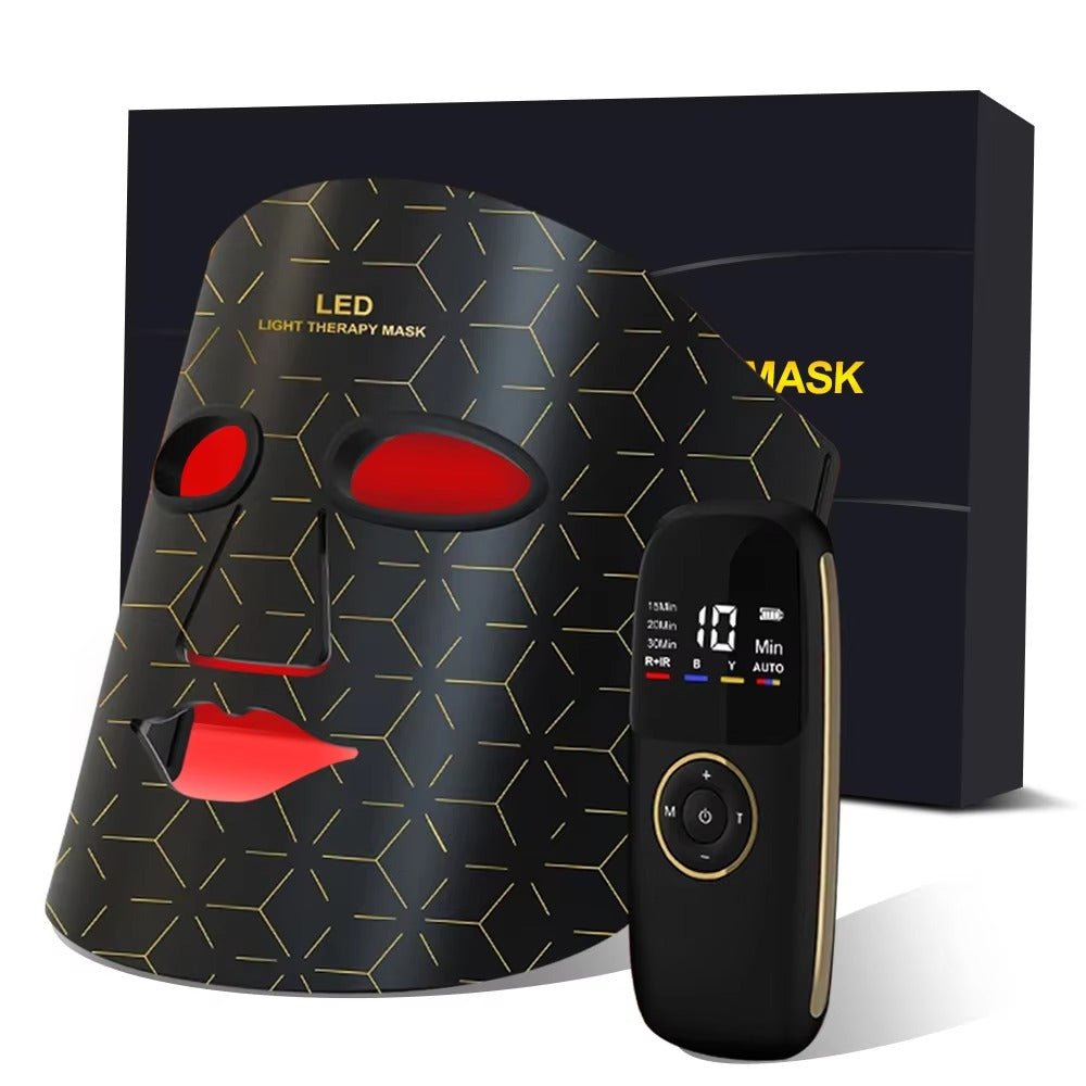 An LED light therapy face mask set shown with its black box, featuring a black mask